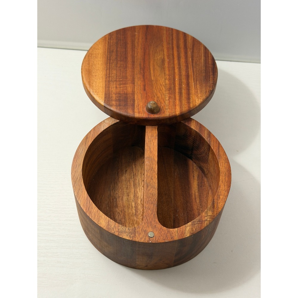 Paula Deen Salt Cellar Brown Wood Dual Compartment Swivel Lid Spice Box